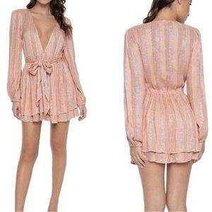 PilyQ PQ Peach Metallic Tiered Ruffle Long Sleeve Bow Belted Mini Dress xs s